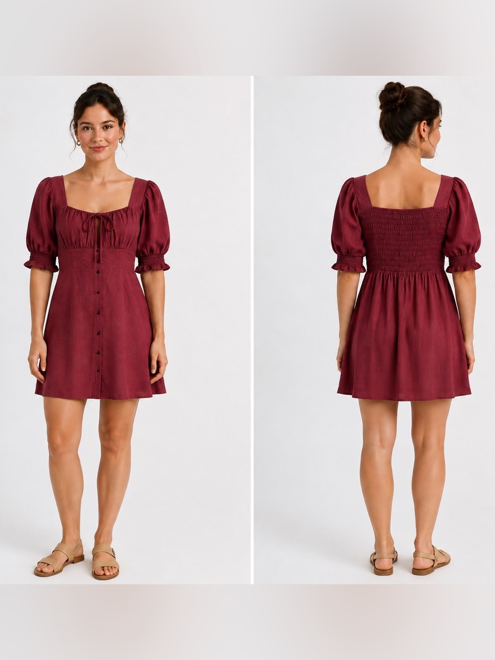 Sienna Sky Wine Square-Neck Puff Sleeve Mini Dress